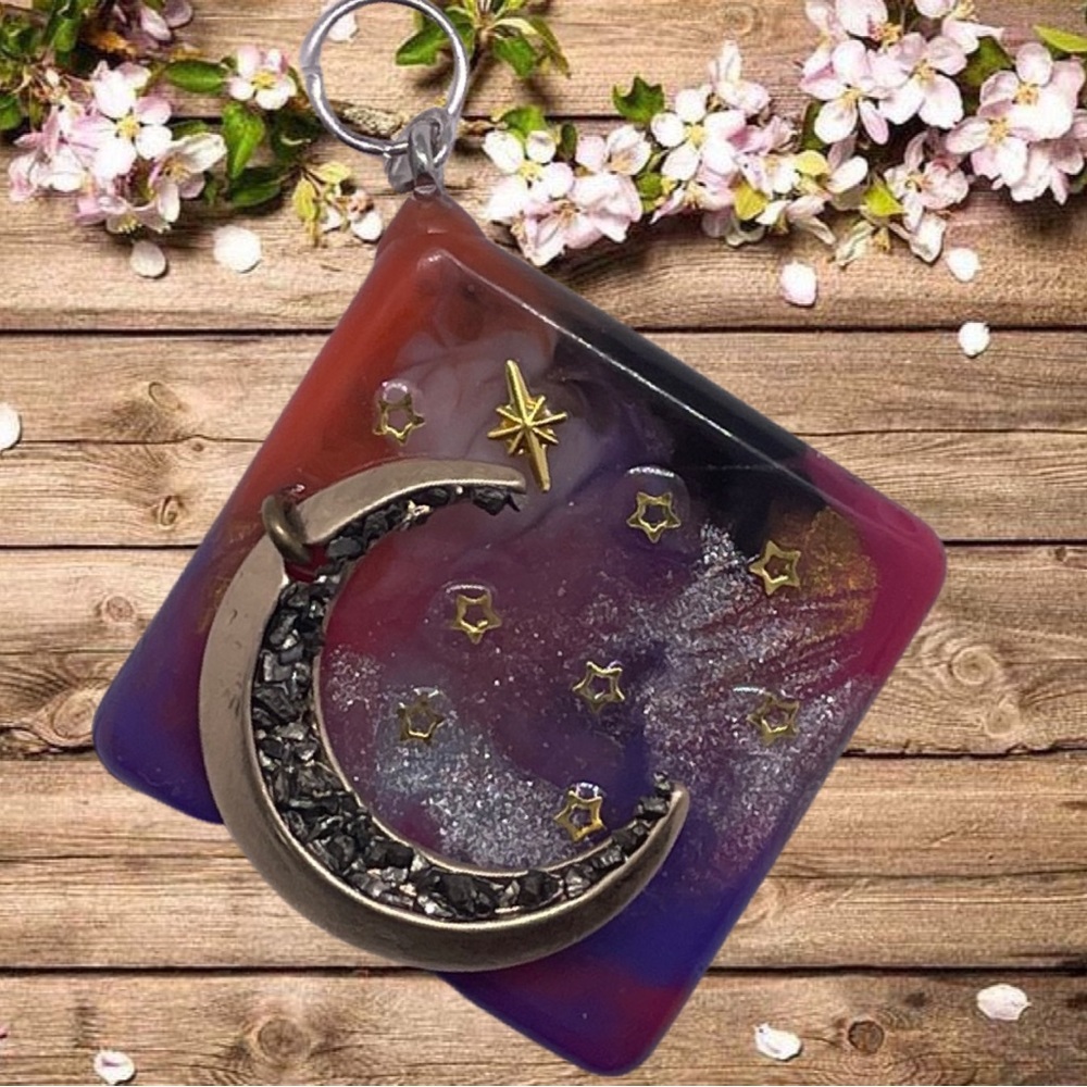 Celestial Moon Pendant Artisan Natural Crystals Sparkling Resin Inset Gold Stars